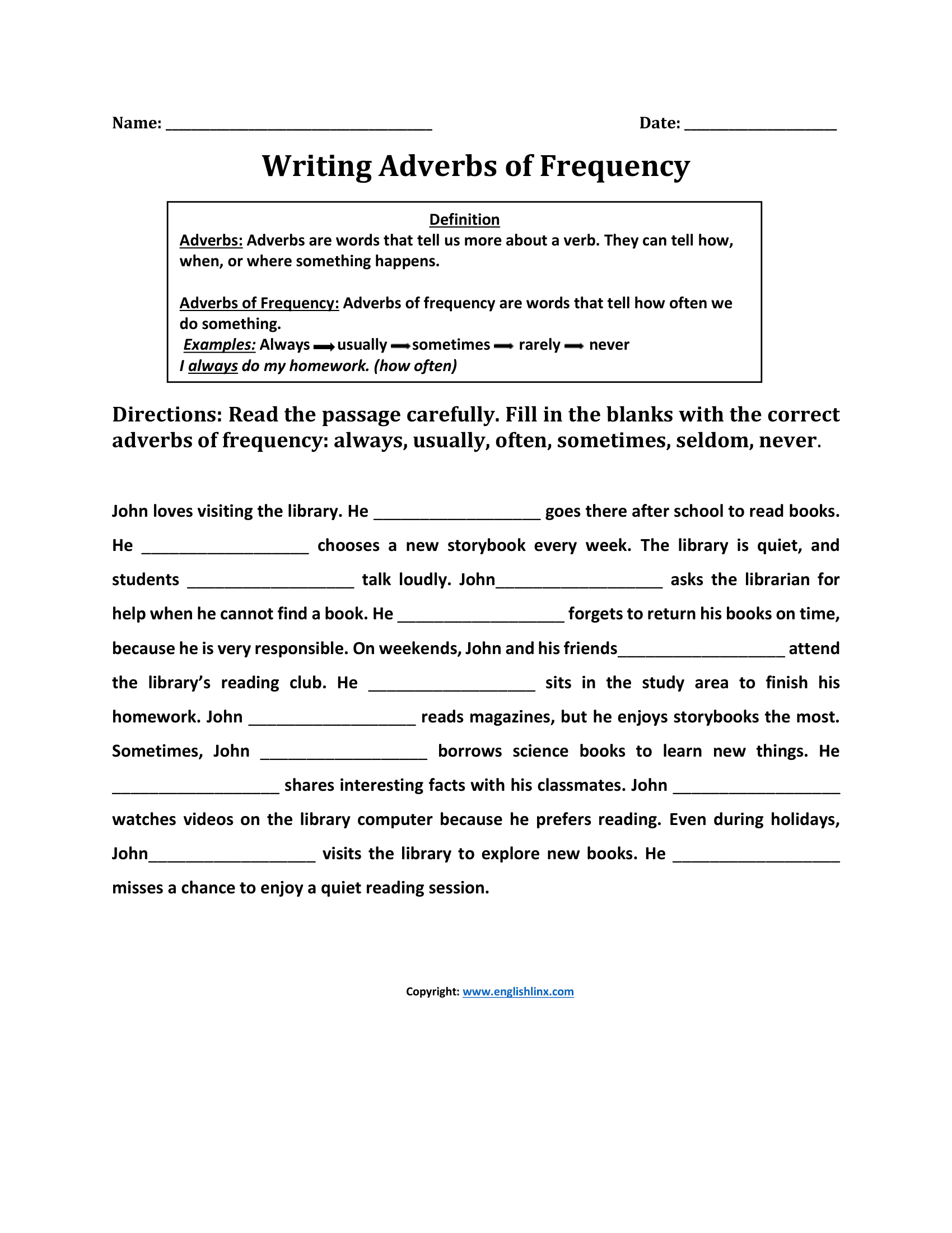 Writing Adverbs of Frequency Worksheets